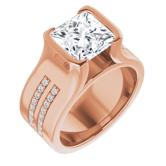 10K Rose Gold Customizable Bezel-set Princess/Square Cut Design with Thick Band featuring Double-Row Shared Prong Accents