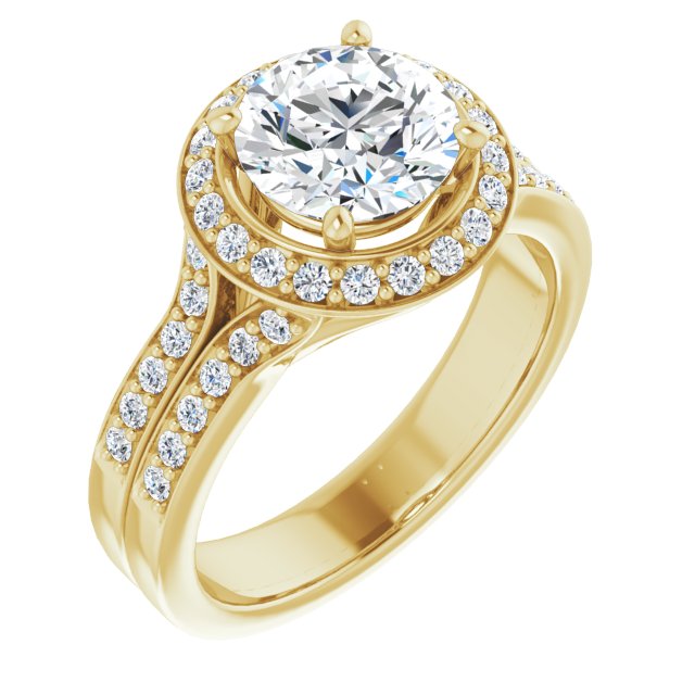 10K Yellow Gold Customizable Round Cut Halo Style with Accented Split-Band