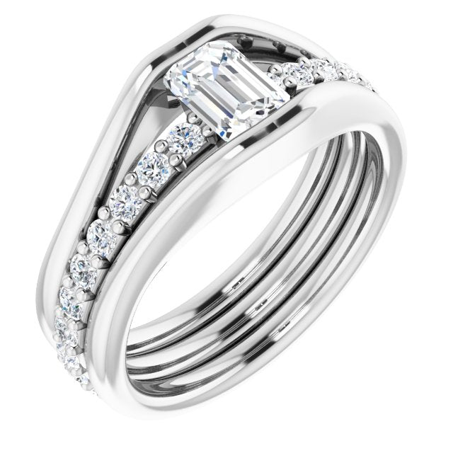 10K White Gold Customizable Bezel-set Emerald/Radiant Cut Style with Thick Pavé Band