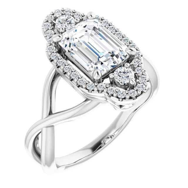 Cubic Zirconia Engagement Ring- The Josemaria (Customizable Vertical 3-stone Emerald Cut Design Enhanced with Multi-Halo Accents and Twisted Band)