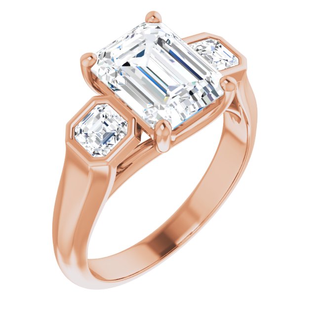 10K Rose Gold Customizable 3-stone Cathedral Emerald/Radiant Cut Design with Twin Asscher Cut Side Stones