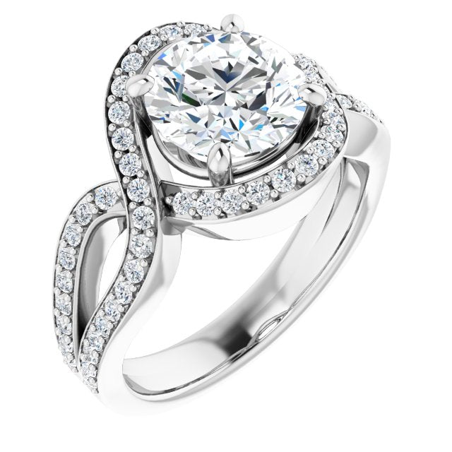Platinum Customizable Round Cut Center with Infinity-inspired Split Shared Prong Band and Bypass Halo