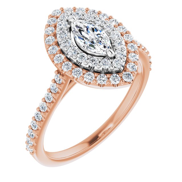 14K Rose & White Gold Customizable Double-Halo Marquise Cut Design with Accented Split Band