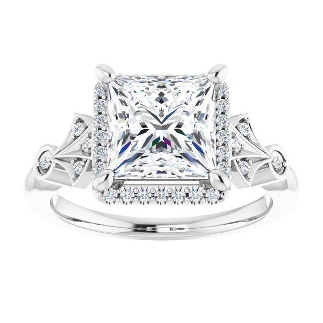 Cubic Zirconia Engagement Ring- The Zhee (Customizable Cathedral-Crown Princess/Square Cut Design with Halo and Scalloped Side Stones)