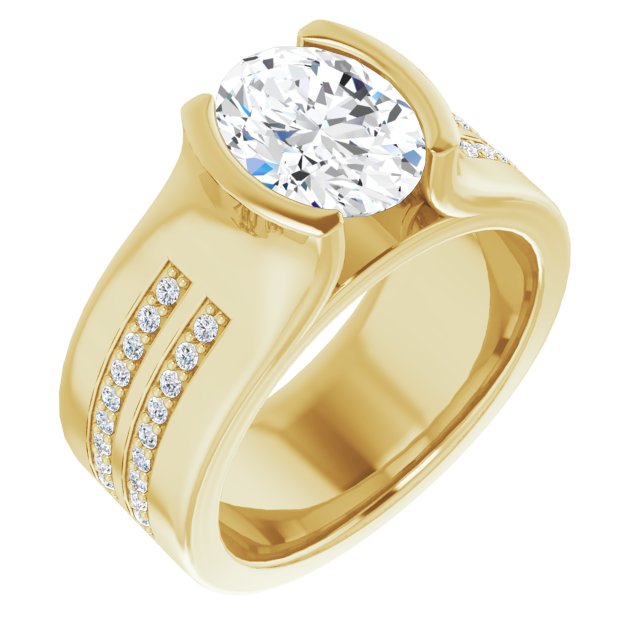 10K Yellow Gold Customizable Bezel-set Oval Cut Design with Thick Band featuring Double-Row Shared Prong Accents