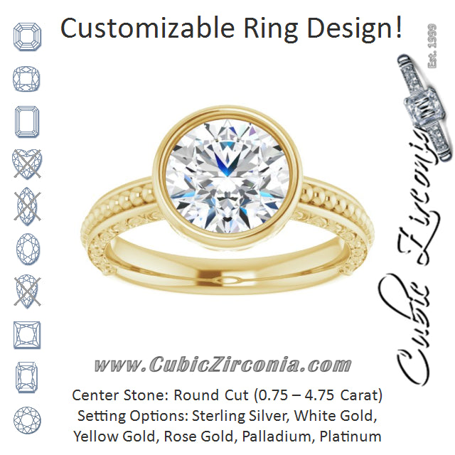 Cubic Zirconia Engagement Ring- The Cheyenne (Customizable Bezel-set Round Cut Solitaire with Beaded and Carved Three-sided Band)