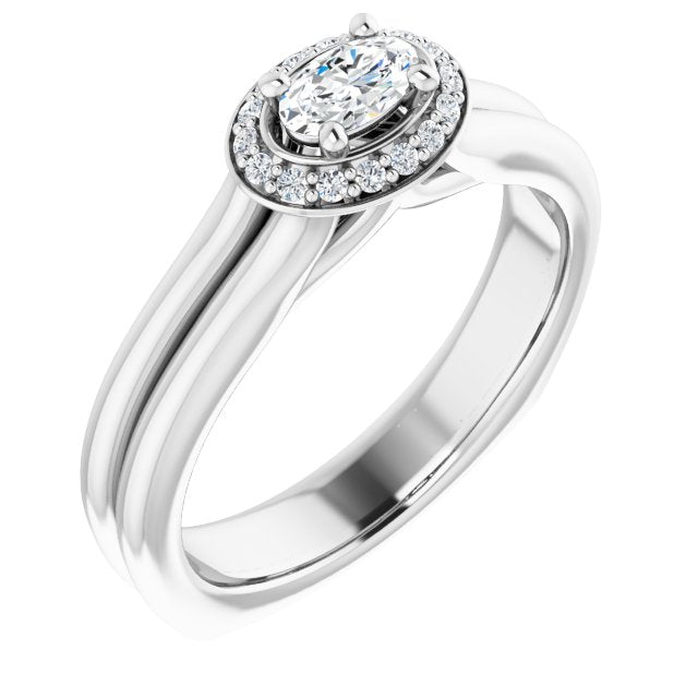 10K White Gold Customizable Oval Cut Style with Halo, Wide Split Band and Euro Shank