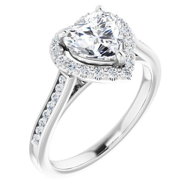10K White Gold Customizable Heart Cut Design with Halo, Round Channel Band and Floating Peekaboo Accents