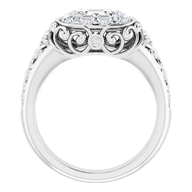Cubic Zirconia Engagement Ring- The Vanessa (Customizable Emerald Cut Halo Style with Round Prong Side Stones and Intricate Metalwork)