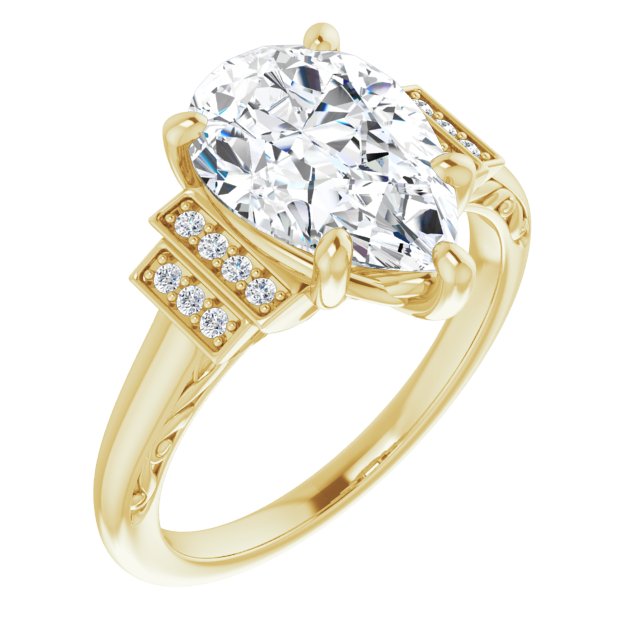 10K Yellow Gold Customizable Engraved Design with Pear Cut Center and Perpendicular Band Accents