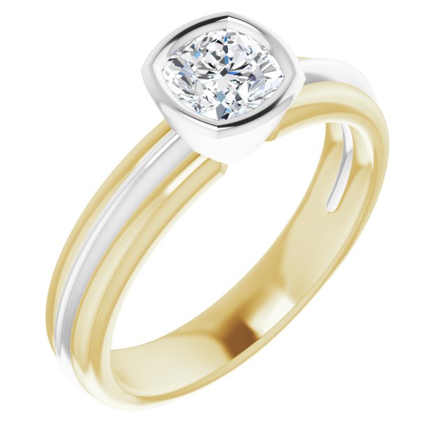 14K Yellow & White Gold Customizable Bezel-set Cushion Cut Solitaire with Grooved Band