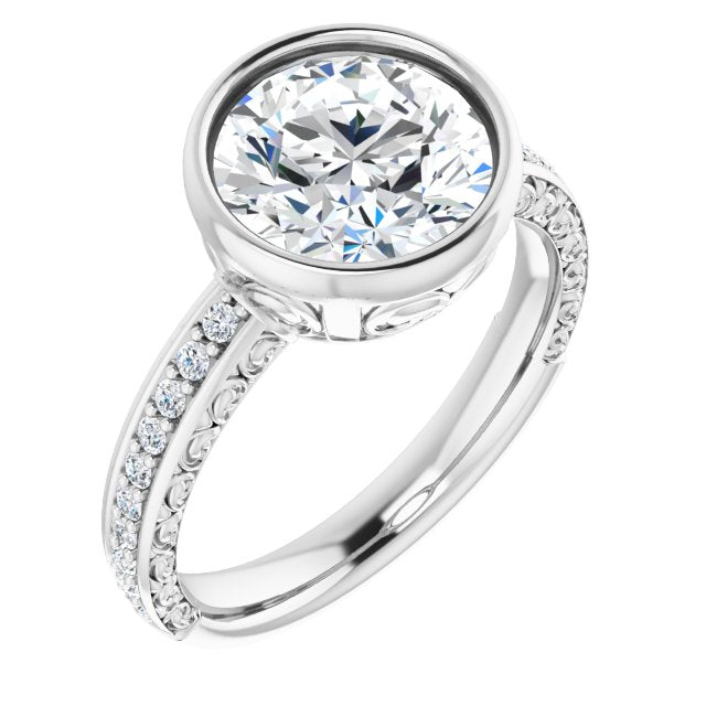 10K White Gold Customizable Bezel-set Round Cut Design with Cloud-pattern Band & Semi-Eternity Accents