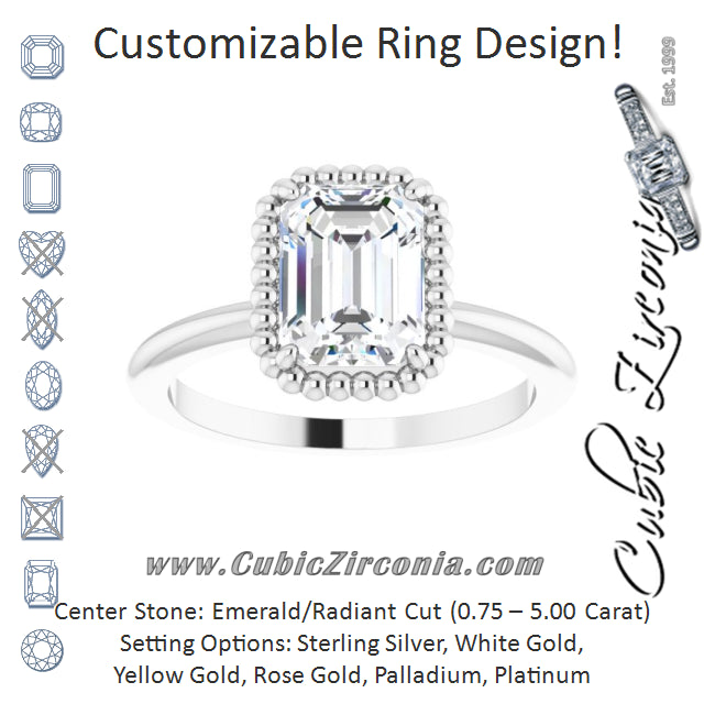 Cubic Zirconia Engagement Ring- The Jubilee (Customizable Radiant Cut Solitaire with Beaded Metallic Milgrain)