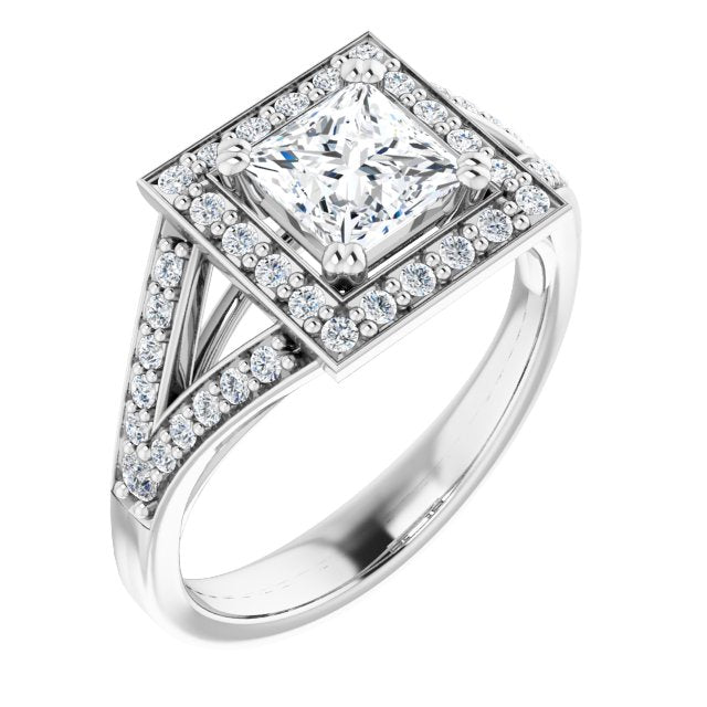 18K White Gold Customizable Cathedral-set Princess/Square Cut Style with Accented Split Band and Halo