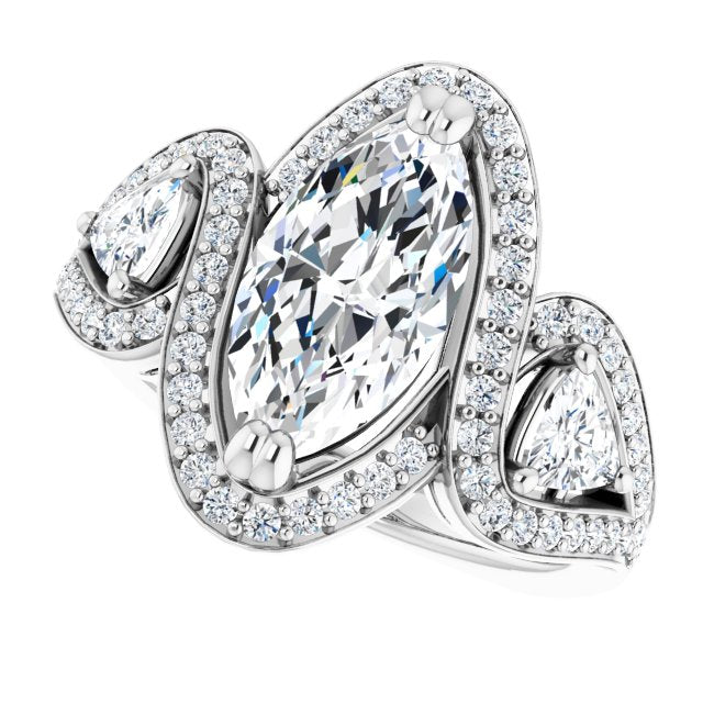Cubic Zirconia Engagement Ring- The Ana Miranda (Customizable Marquise Cut Center with Twin Trillion Accents, Twisting Shared Prong Split Band, and Halo)