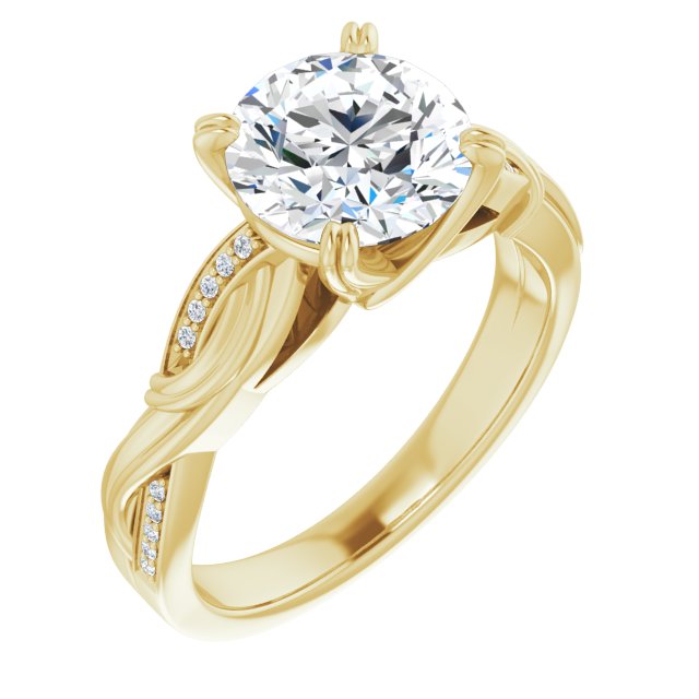 18K Yellow Gold Customizable Cathedral-raised Round Cut Design featuring Rope-Braided Half-Pavé Band