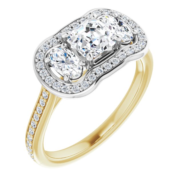 14K Yellow & White Gold Customizable Asscher Cut Style with Oval Cut Accents, 3-stone Halo & Thin Shared Prong Band