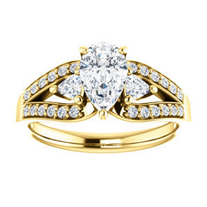 CZ Wedding Set, featuring The Karen engagement ring (Customizable Enhanced 3-stone Design with Pear Cut Center, Dual Trillion Accents and Wide Pavé-Split Band)