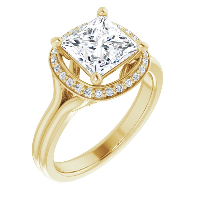 10K Yellow Gold Customizable Cathedral-set Princess/Square Cut Design with Split-band & Halo Accents