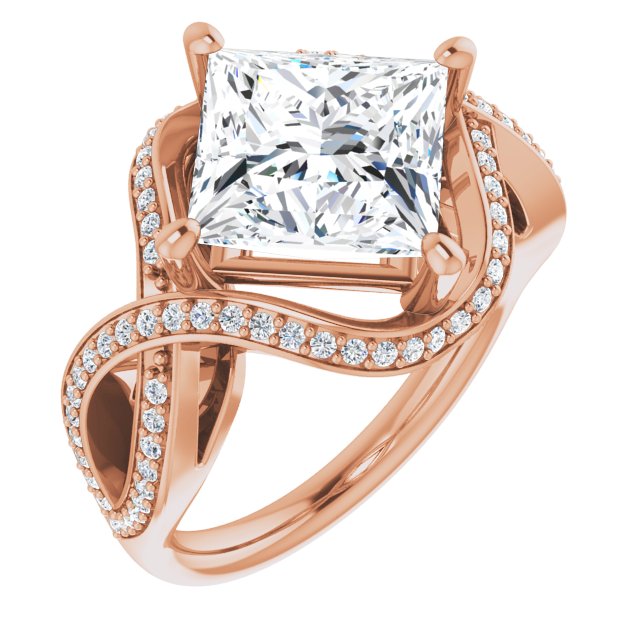 10K Rose Gold Customizable Princess/Square Cut Design with Twisting, Infinity-Shared Prong Split Band and Bypass Semi-Halo
