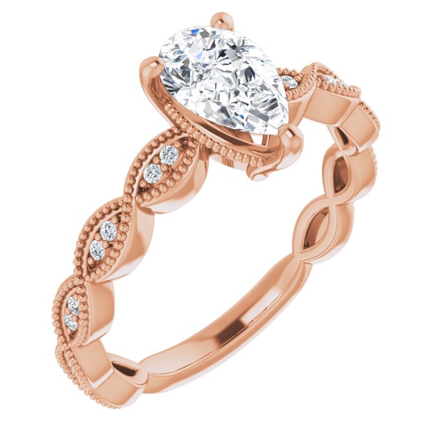 10K Rose Gold Customizable Pear Cut Artisan Design with Scalloped, Round-Accented Band and Milgrain Detail