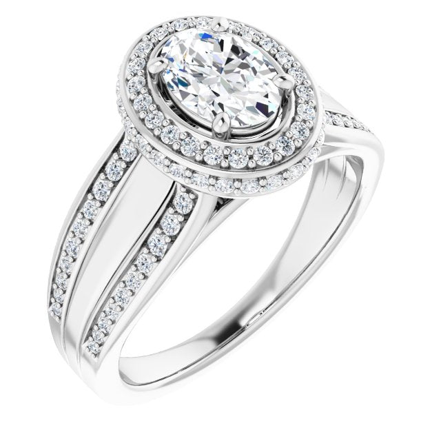10K White Gold Customizable Halo-style Oval Cut with Under-halo & Ultra-wide Band