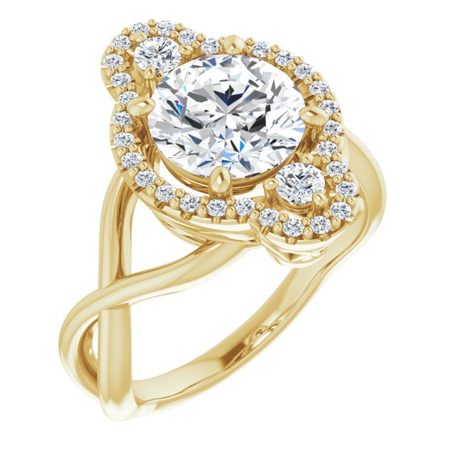 14K Yellow Gold Customizable Vertical 3-stone Round Cut Design Enhanced with Multi-Halo Accents and Twisted Band