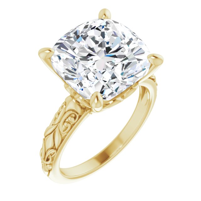 10K Yellow Gold Customizable Cushion Cut Solitaire featuring Delicate Metal Scrollwork