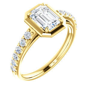 Cubic Zirconia Engagement Ring- The Lynette (Customizable Cathedral-style Bezel-set Emerald Cut 13-stone Design with Round Band Accents)