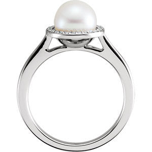 Cubic Zirconia Engagement Ring- The ________ Naming Rights 64-71 (White Freshwater Cultured Pearl & 0.08 CTW CZ Halo-Style)