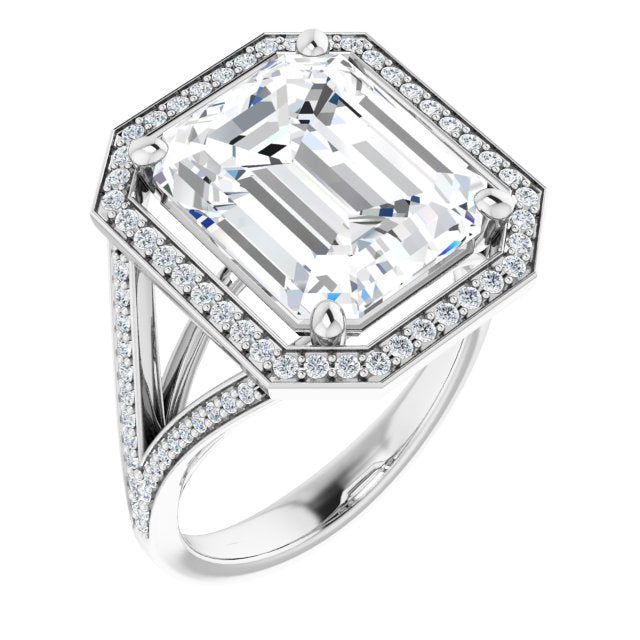 10K White Gold Customizable Cathedral-Halo Emerald/Radiant Cut Style featuring Split-Shared Prong Band