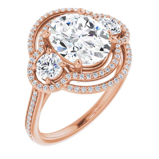 10K Rose Gold Customizable Enhanced 3-stone Double-Halo Style with Oval Cut Center and Thin Band