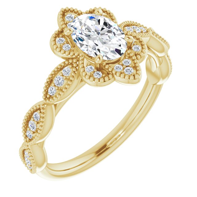 10K Yellow Gold Customizable Cathedral-style Oval Cut Design with Floral Segmented Halo & Milgrain+Accents Band