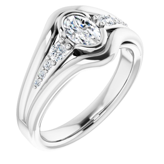 10K White Gold Customizable 9-stone Oval Cut Design with Bezel Center, Wide Band and Round Prong Side Stones