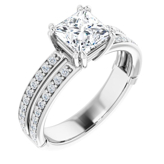 14K White Gold Customizable Princess/Square Cut Design featuring Split Band with Accents