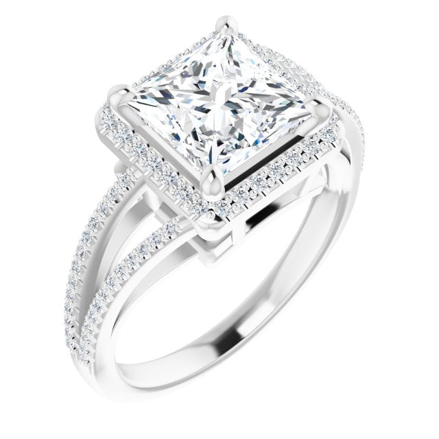 Cubic Zirconia Engagement Ring- The Claudette (Customizable Princess/Square Cut Vintage Design with Halo Style and Asymmetrical Split-Pavé Band)