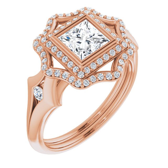 18K Rose Gold Customizable Cathedral-bezel Princess/Square Cut Design with Floral Double Halo and Channel-Accented Split Band