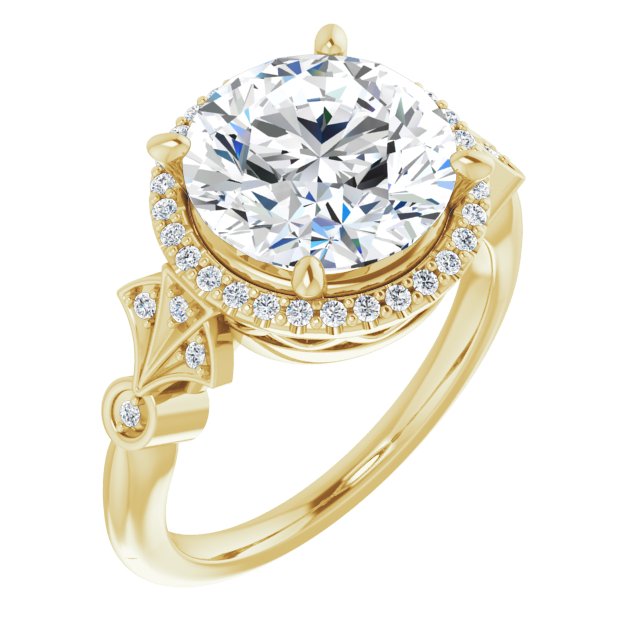 10K Yellow Gold Customizable Cathedral-Crown Round Cut Design with Halo and Scalloped Side Stones