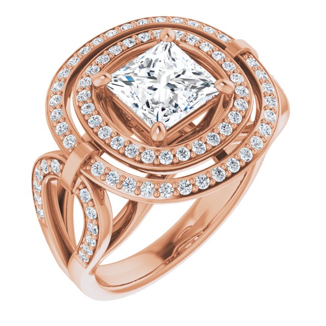 10K Rose Gold Customizable Cathedral-set Princess/Square Cut Design with Double Halo & Accented Ultra-wide Horseshoe-inspired Split Band