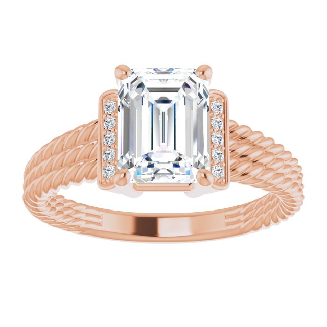 Cubic Zirconia Engagement Ring- The Junio (Customizable 11-stone Design featuring Emerald Cut Center, Vertical Round-Channel Accents & Wide Triple-Rope Band)