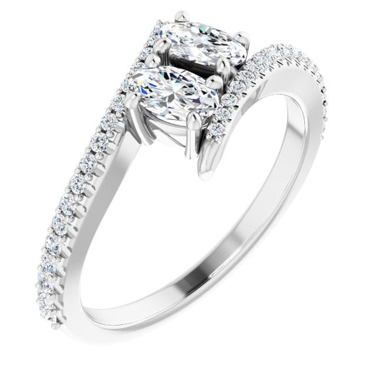 10K White Gold Customizable Double Oval Cut 2-stone Design with Ultra-thin Bypass Band and Pavé Enhancement