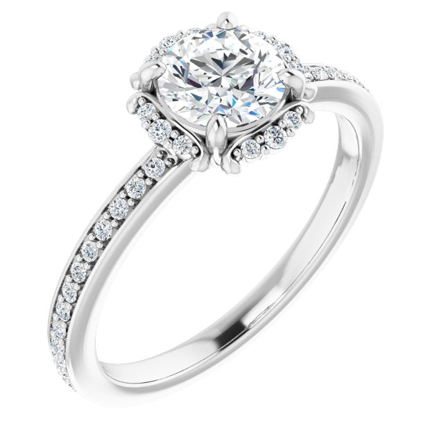 10K White Gold Customizable Round Cut Style with Halo and Thin Shared Prong Band