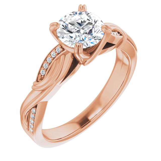 10K Rose Gold Customizable Cathedral-raised Round Cut Design featuring Rope-Braided Half-Pavé Band