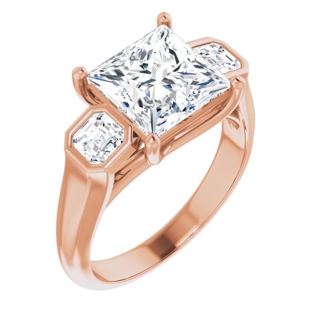 10K Rose Gold Customizable 3-stone Cathedral Princess/Square Cut Design with Twin Asscher Cut Side Stones