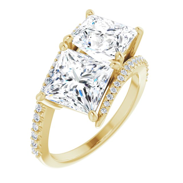 Cubic Zirconia Engagement Ring- The Nellie (Customizable Double Princess/Square Cut 2-stone Design with Ultra-thin Bypass Band and Pavé Enhancement)
