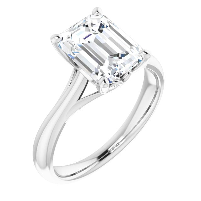 10K White Gold Customizable Emerald/Radiant Cut Solitaire with Decorative Prongs & Tapered Band