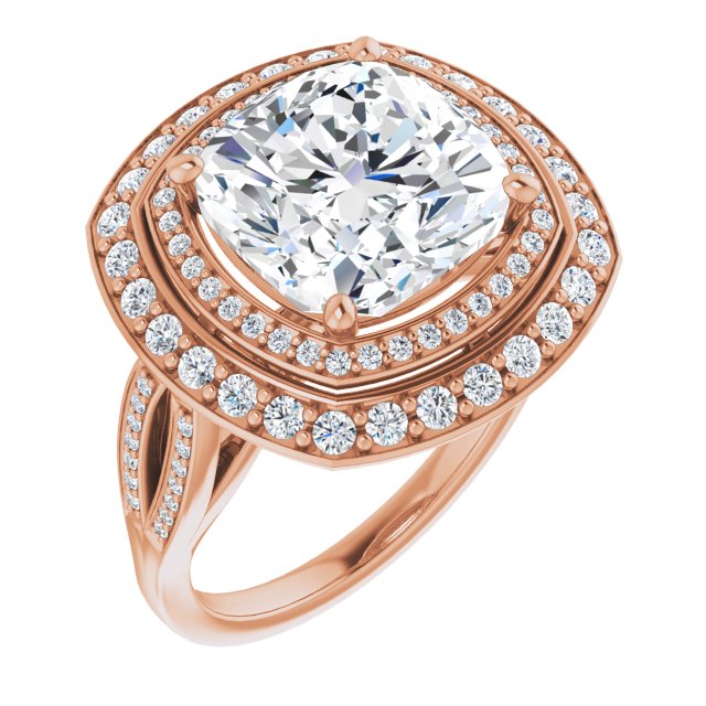 10K Rose Gold Customizable Cathedral-style Cushion Cut Design with Double Halo & Split-Pavé Band