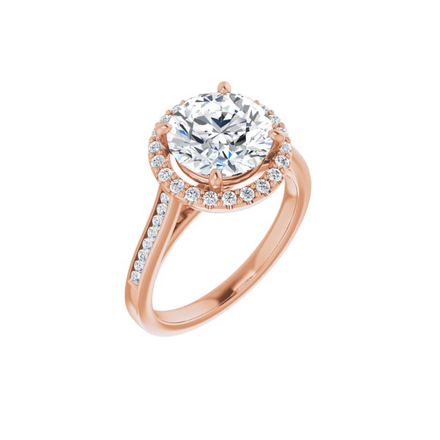 10K Rose Gold Customizable Round Cut Design with Halo, Round Channel Band and Floating Peekaboo Accents