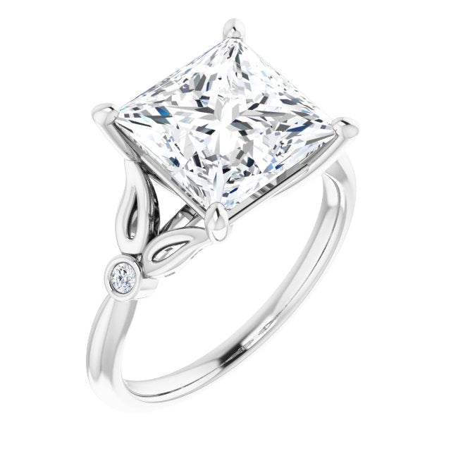 10K White Gold Customizable 3-stone Princess/Square Cut Design with Thin Band and Twin Round Bezel Side Stones