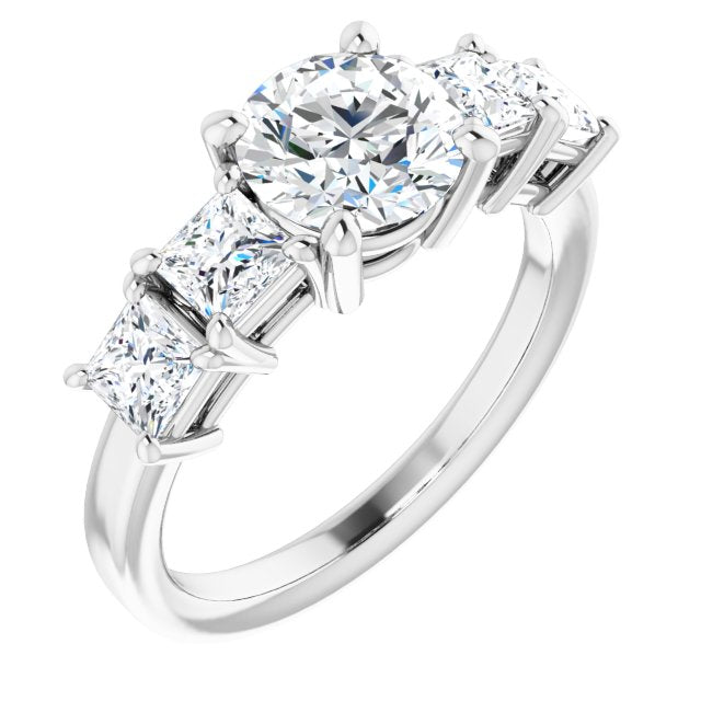 10K White Gold Customizable 5-stone Round Cut Style with Quad Princess-Cut Accents
